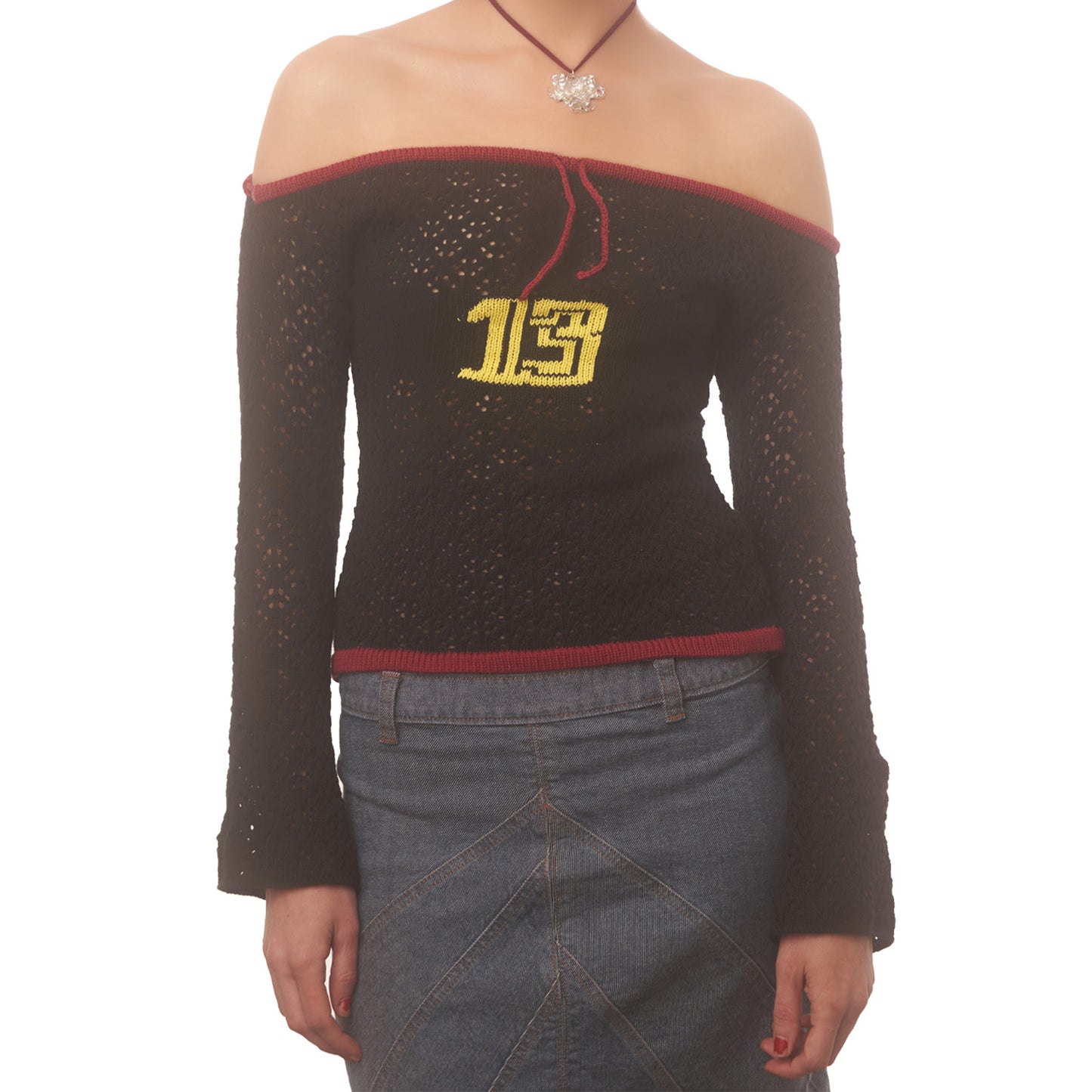 Black and Red Lace Knit Off The Shoulder Top