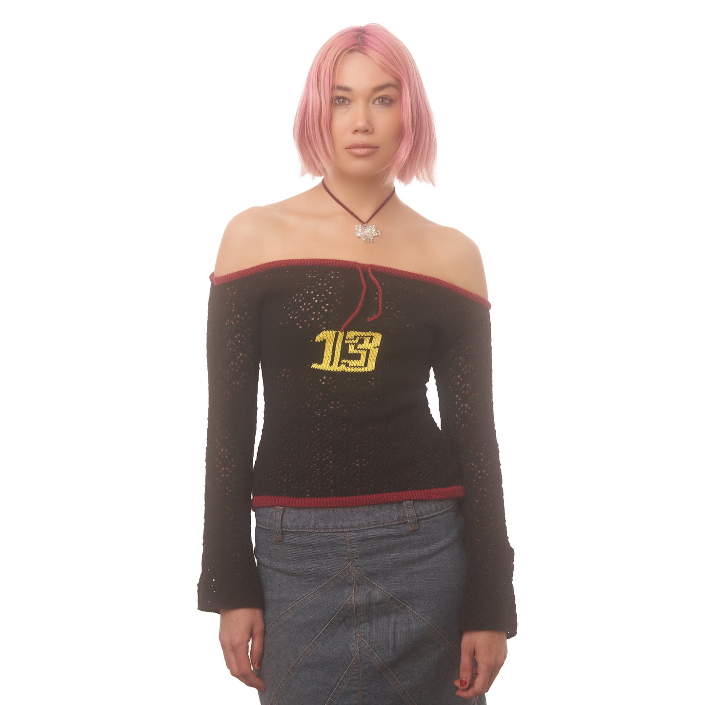 Black and Red Lace Knit Off The Shoulder Top