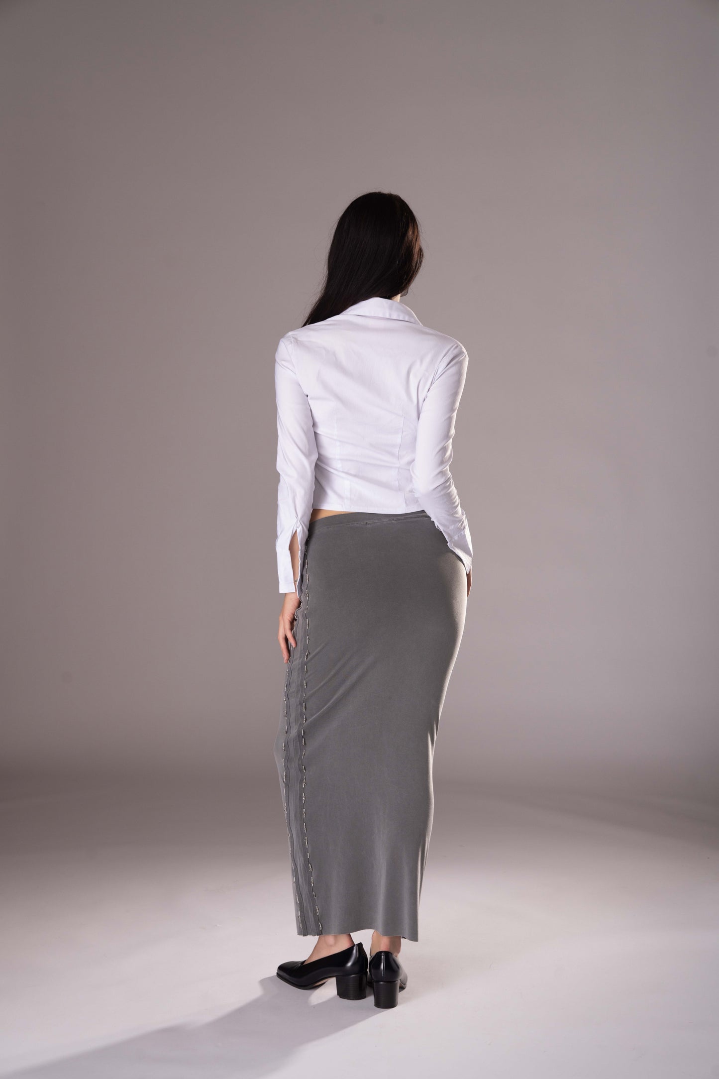 Beaded Track Maxi Skirt in Light Gray