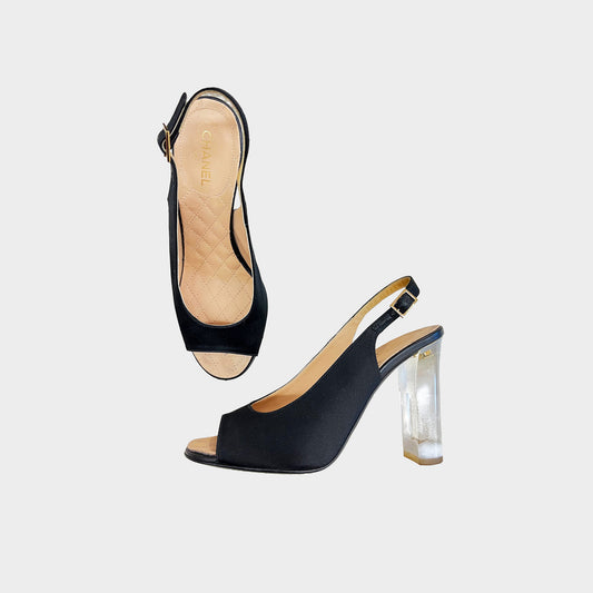 CHANEL 2015 SATIN AND LUCITE FLOATING CC HEELS