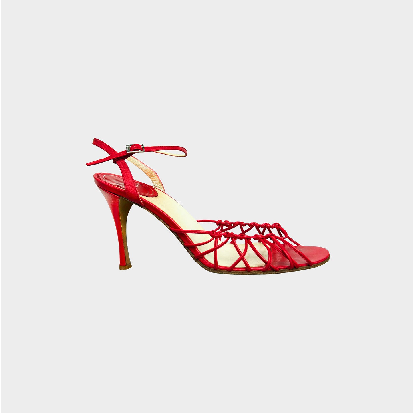 CHRISTIAN DIOR 1990S RED STRAPPY CAGED HEELS